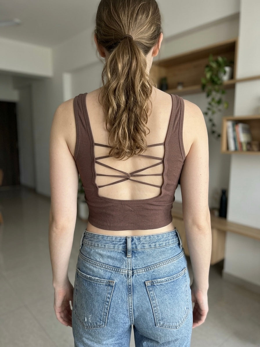 トップス Her Praha litmus Padded ribbon buister Cross back Padded Top – Allforher Store